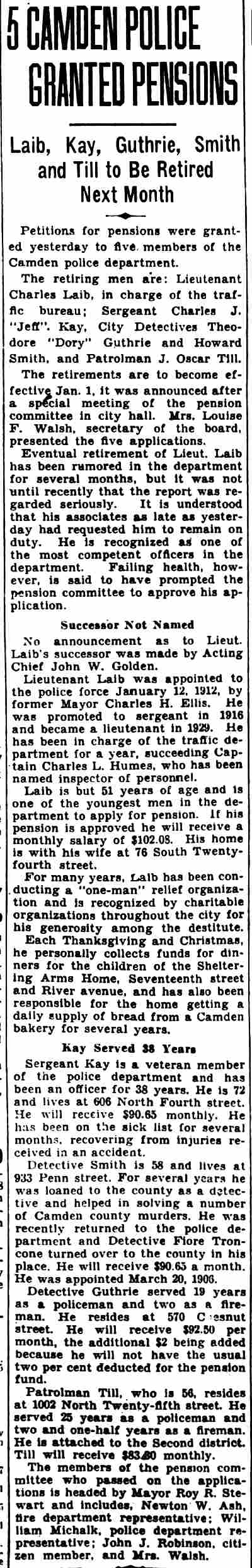 Camden Courier-Post, December 20, 1932 — 5 Camden Police Granted Pensions article