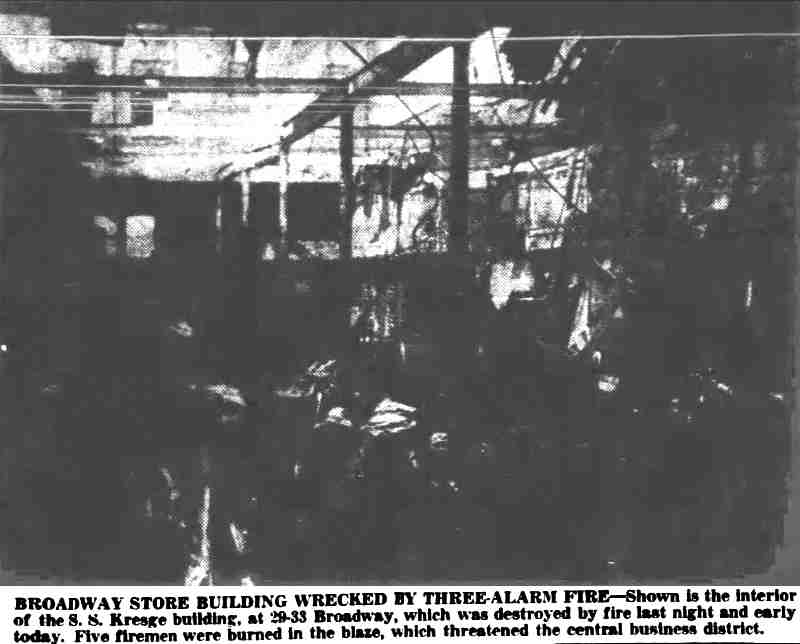 Broadway Store Building Wrecked by Three-Alarm Fire — interior of the S. S. Kresge building
