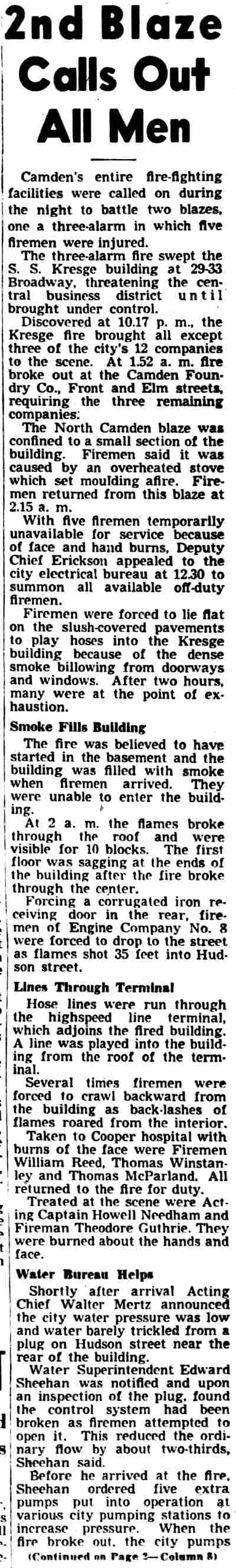 Camden Courier-Post, February 20, 1946 — Kresge fire — 2nd Blaze Calls Out All Men