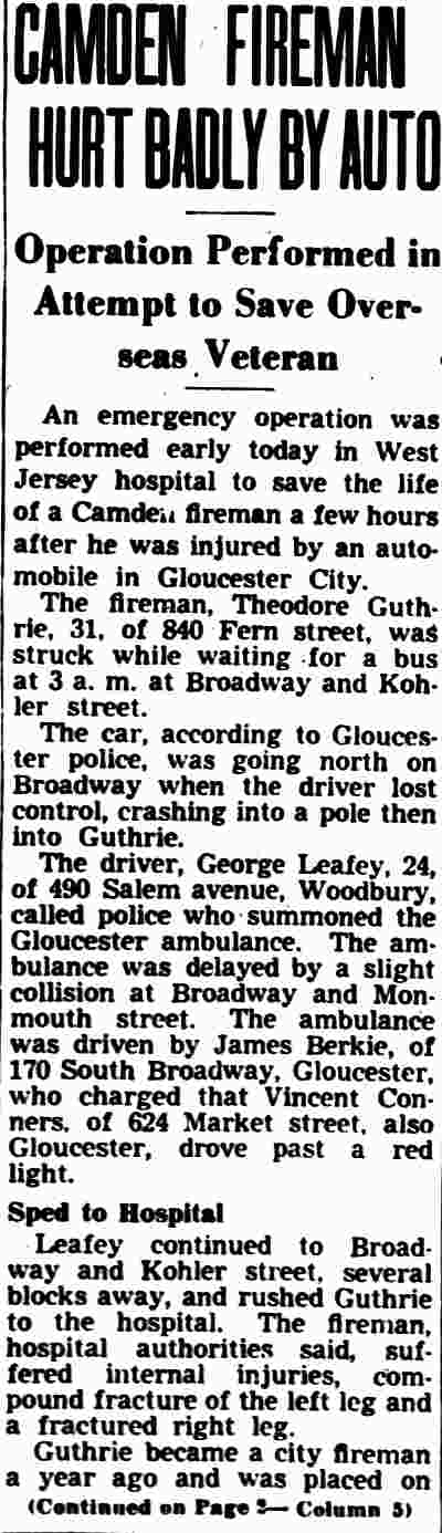 Camden Fireman Hurt Badly By Auto — Camden Courier-Post, March 9, 1946