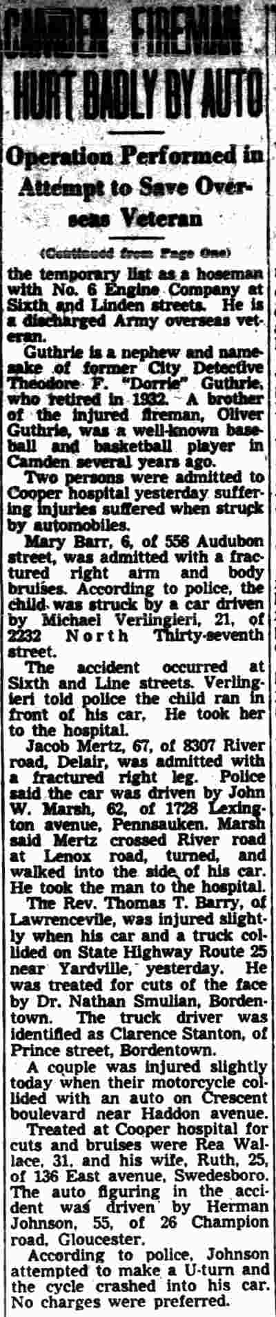 Camden Fireman Hurt Badly By Auto (continued)