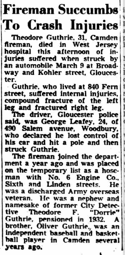 Fireman Succumbs To Crash Injuries — Camden Courier-Post, March 16, 1946