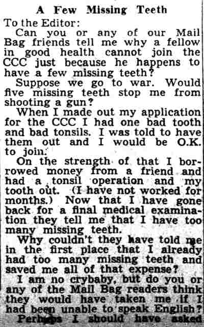 A Few Missing Teeth — letter to the editor by Theodore N. Guthrie, Camden Courier-Post April 22, 1939
