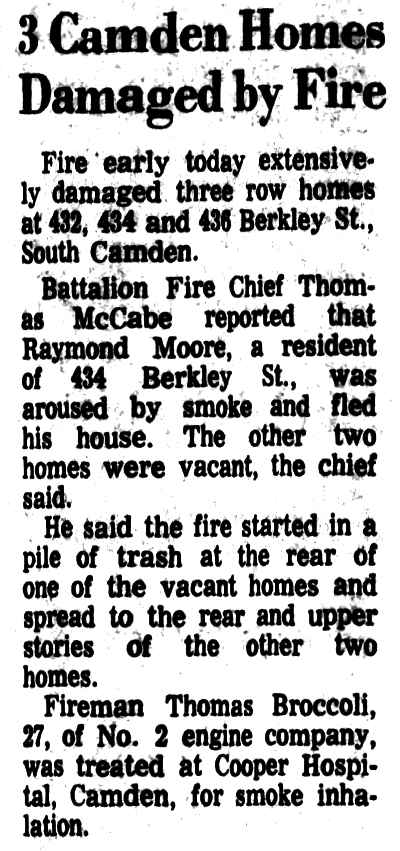 Camden Courier-Post clipping dated March 9, 1973, reporting that three homes on Berkley Street were damaged by fire and that fireman Thomas Broccoli was treated at Cooper Hospital