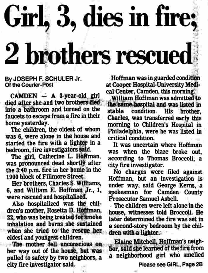 Girl, 3, dies in fire; 2 brothers rescued, Camden Courier-Post, April 10, 1987