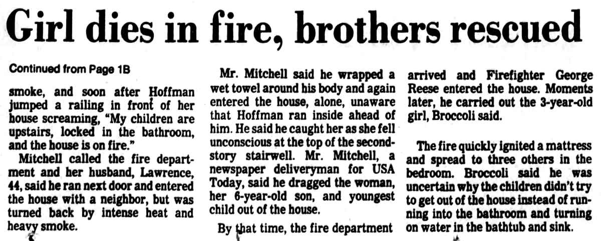 Girl dies in fire, brothers rescued — continued