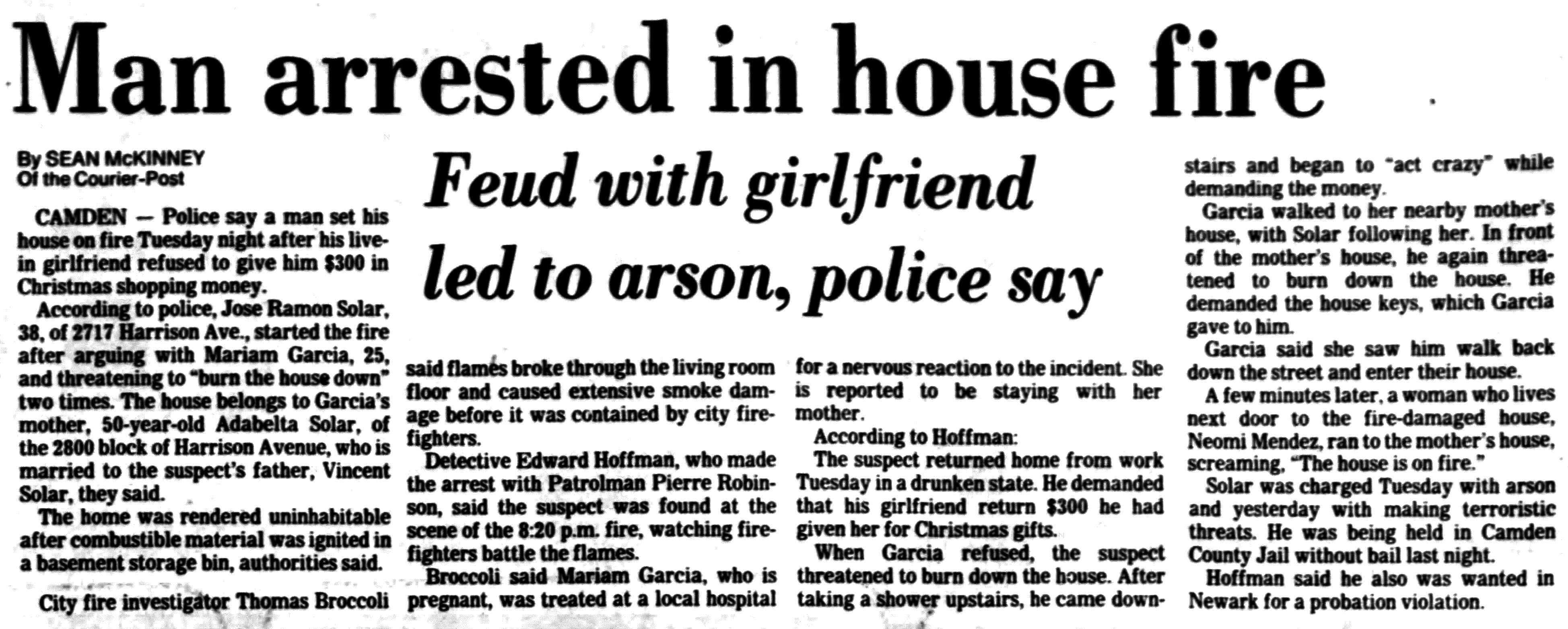 Article about arson at 2717 Harrison Avenue, Camden Courier-Post, December 18, 1987