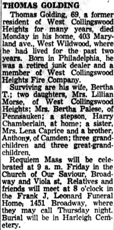 Obituary: Thomas Golding, Camden Courier-Post, October 29, 1958