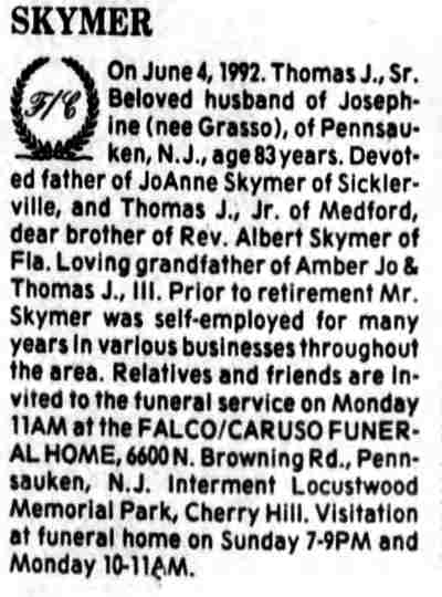 Obituary of Thomas J. Skymer Sr., Camden Courier-Post, June 5, 1992