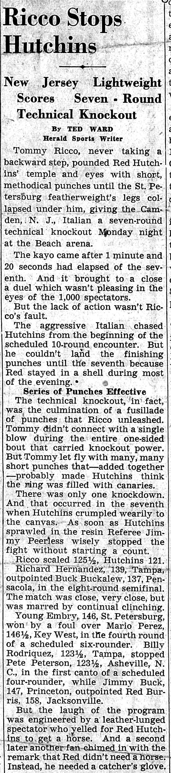 Miami Herald, August 22, 1939, Ricco Stops Hutchins