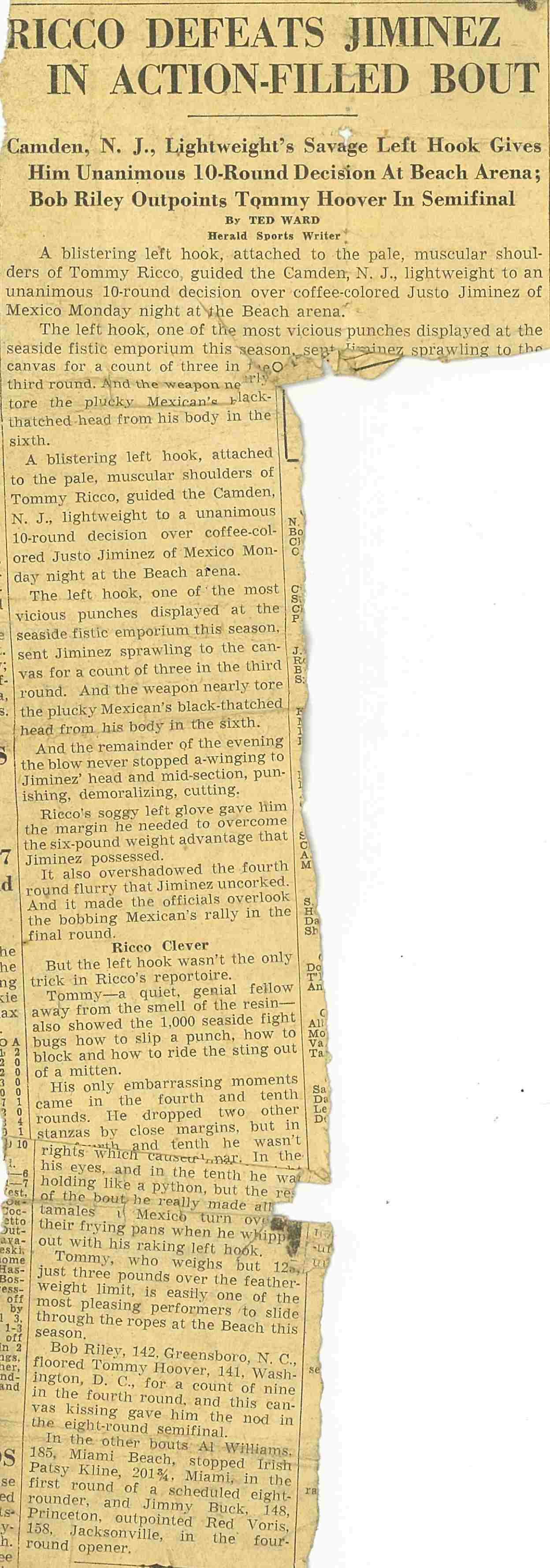 Miami Herald, August 8, 1939, Ricco Defeats Jiminez In Action-Filled Bout