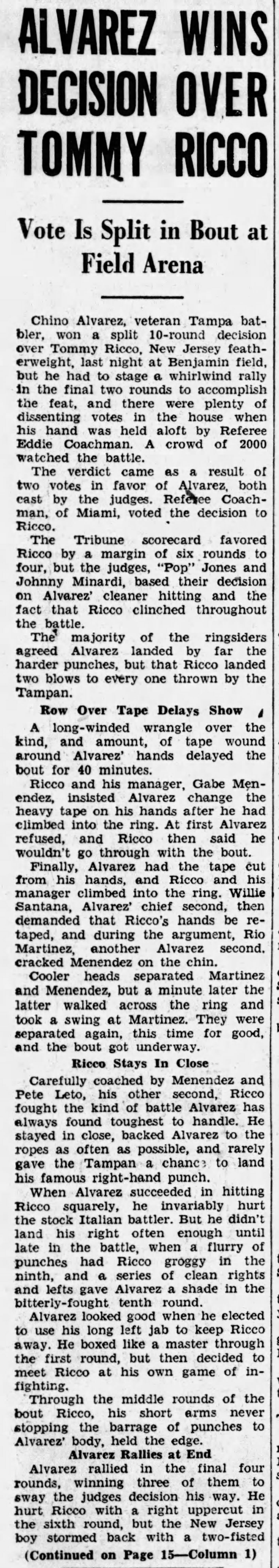Tampa Tribune, September 2, 1939, Alvarez Wins Decision Over Tommy Ricco