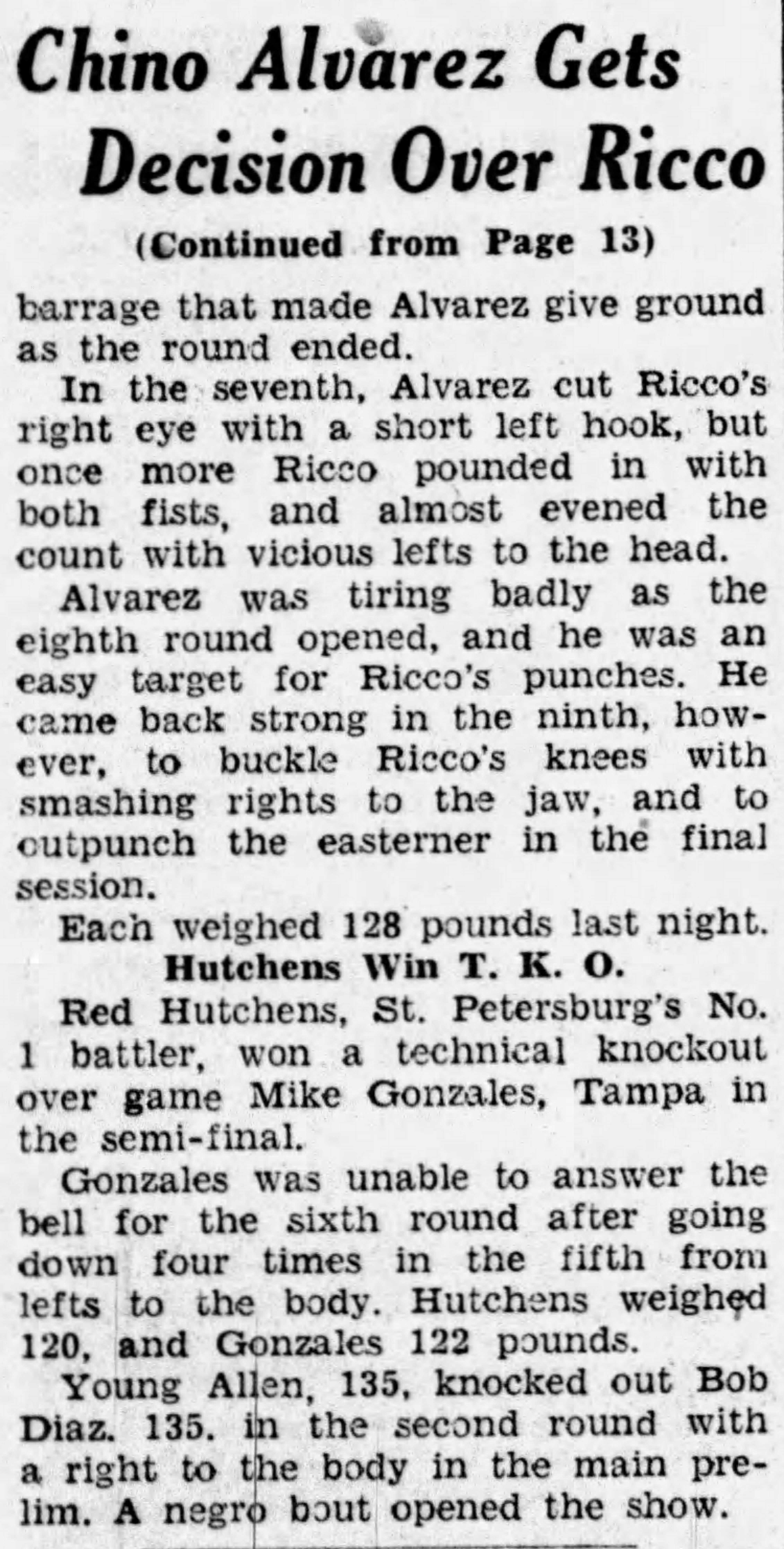 Tampa Tribune, September 2, 1939, Alvarez Wins Decision Over Tommy Ricco (continued)
