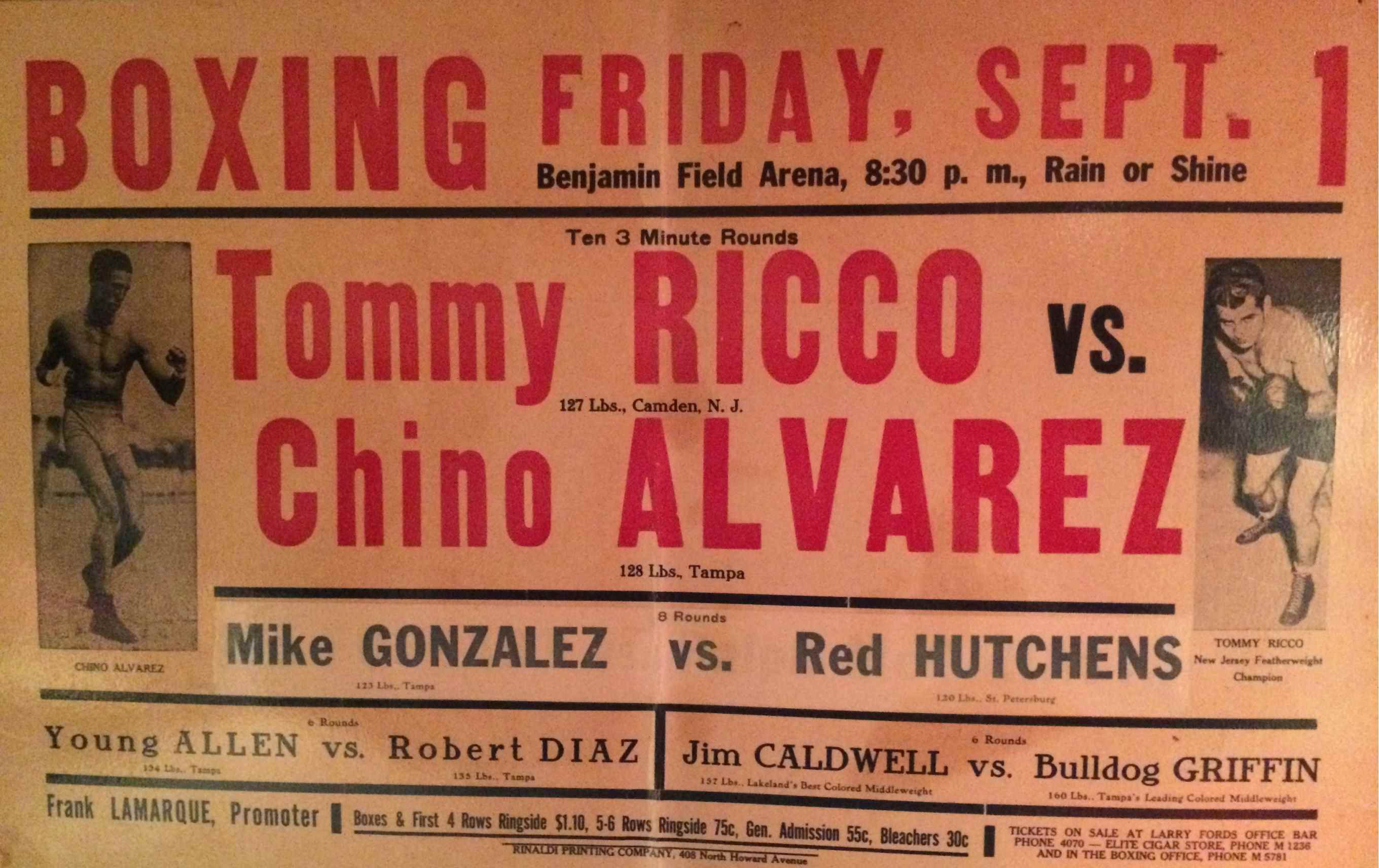 Boxing poster, Tommy Ricco vs Chino Alvarez, September 1, 1939, Benjamin Field Arena, Tampa