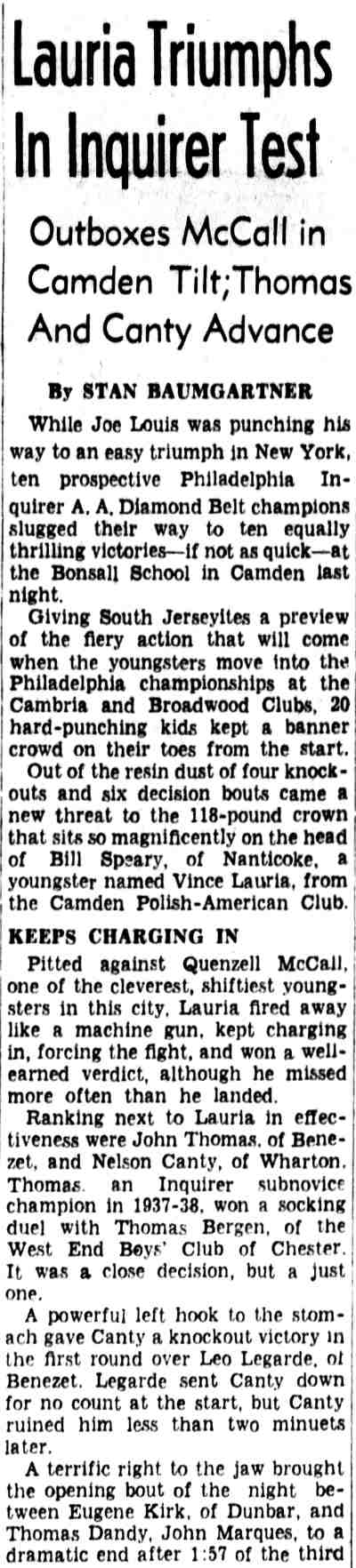 Lauria Triumphs in Inquirer Test — Philadelphia Inquirer, January 26, 1939