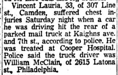 Auto accident at Kaighn Avenue and 7th Street — Camden Courier-Post, January 31, 1955