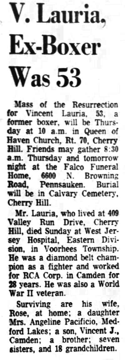 V. Lauria, Ex-Boxer Was 53 — Camden Courier-Post, February 26, 1974