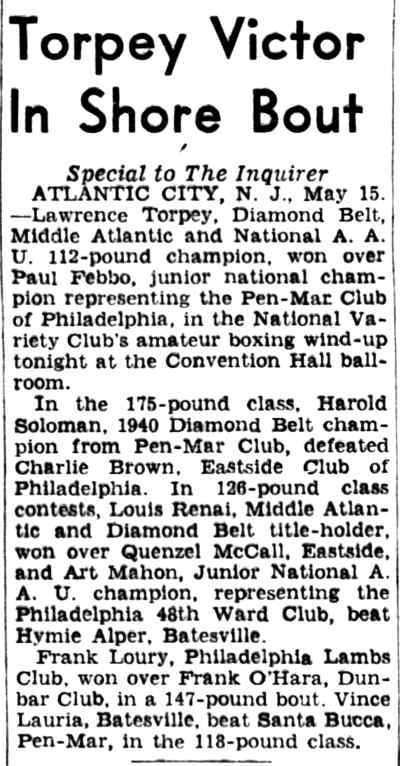 Torpey Victor in Shore Bout — Philadelphia Inquirer, May 16, 1941