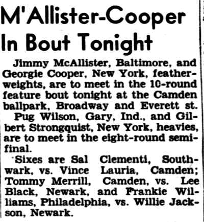 M'Allister-Cooper In Bout Tonight — Philadelphia Inquirer, July 12, 1945