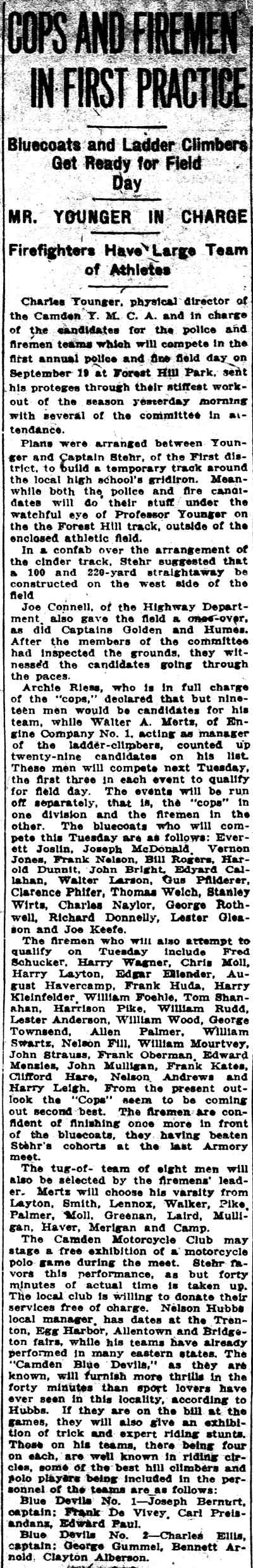 Cops and Firemen in First Practice — August 19, 1925