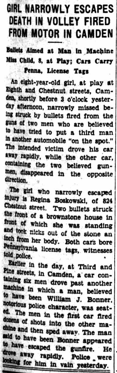 Philadelphia Inquirer, August 14, 1931 — Girl Narrowly Escapes Death in Volley Fired From Motor in Camden