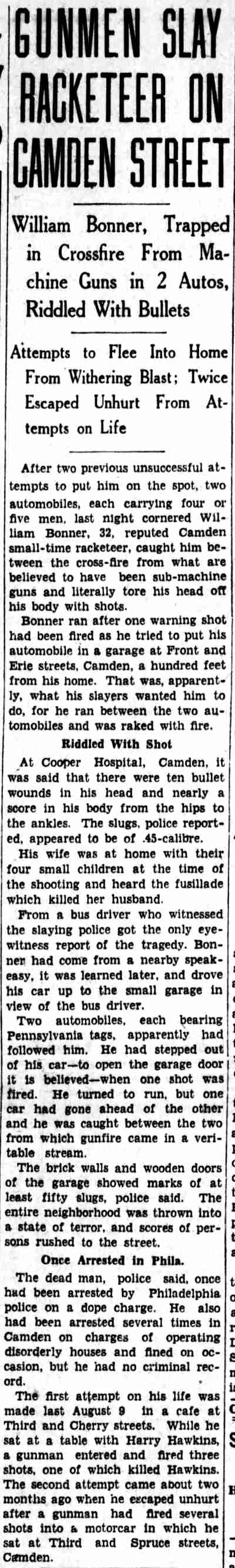 Philadelphia Inquirer, November 23, 1931 — Gunmen Slay Racketeer on Camden Street