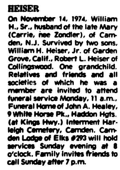 Heiser death notice — Camden Courier-Post, November 18, 1974