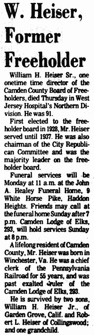 W. Heiser, Former Freeholder — Camden Courier-Post, November 18, 1974