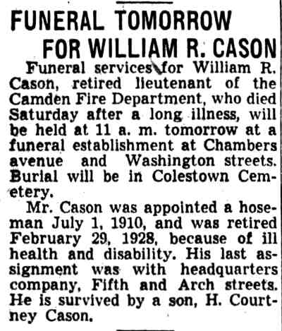 Funeral Tomorrow for William R. Cason — Camden Courier-Post, July 16, 1940