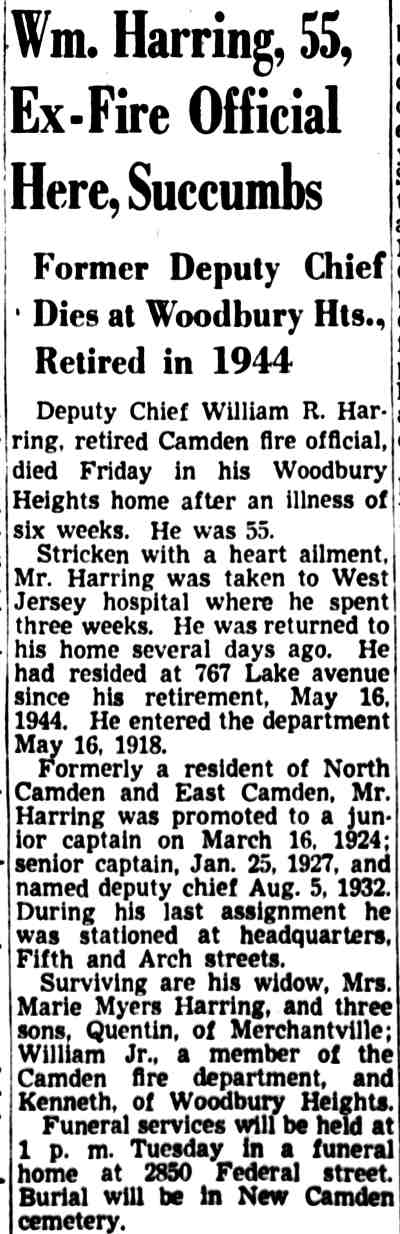 Wm. Harring, 55, Ex-Fire Official Here, Succumbs, Camden Courier-Post, November 26, 1949