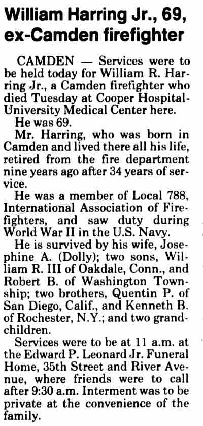 Obituary for William Harring Jr., ex-Camden firefighter, 1990