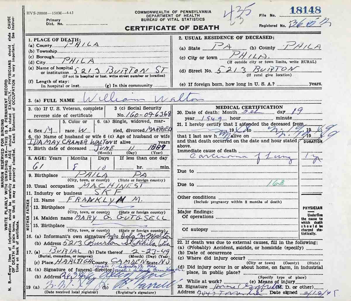 Pennsylvania Certificate of Death for William Walton, February 19, 1949