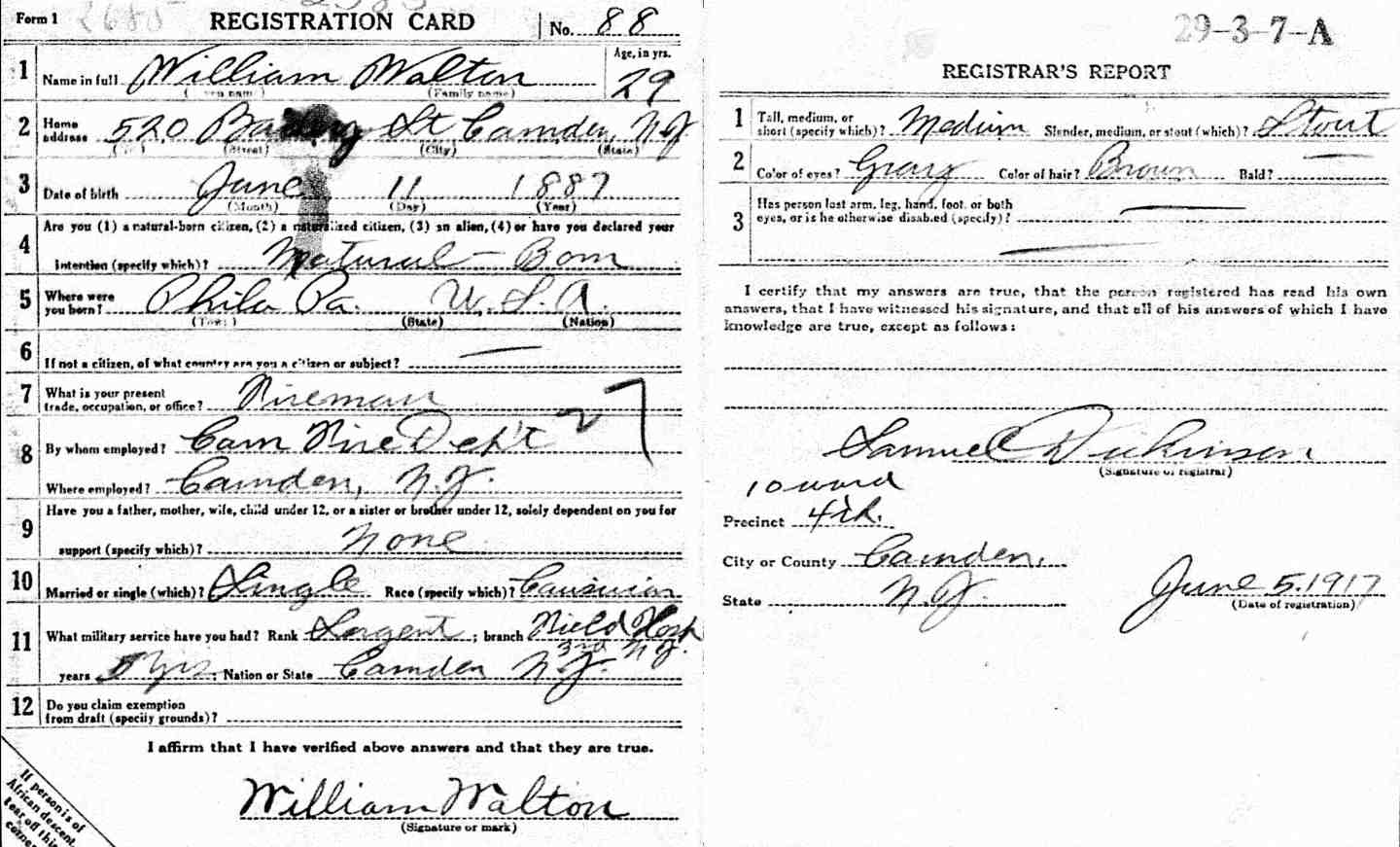 William Walton World War I Draft Registration Card, June 5, 1917