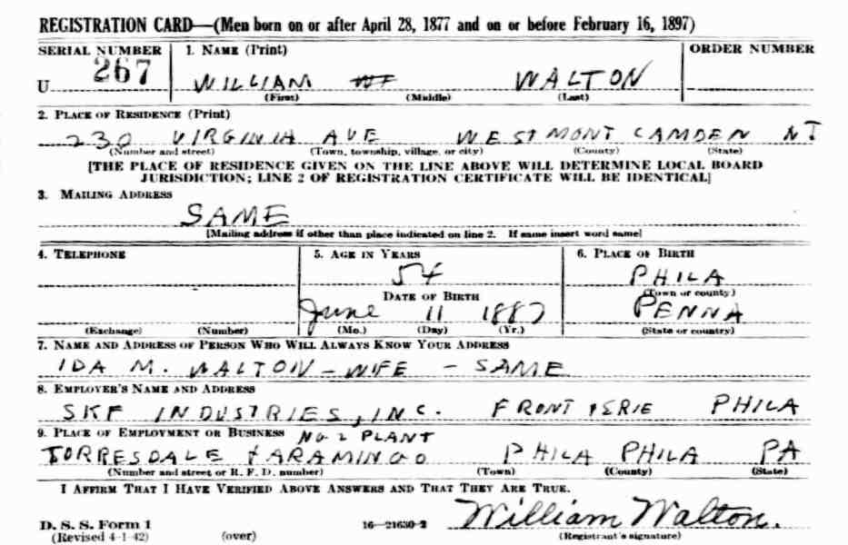 William Walton World War II Draft Registration Card, 1942