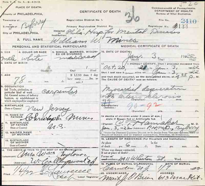 William W. Mines death certificate