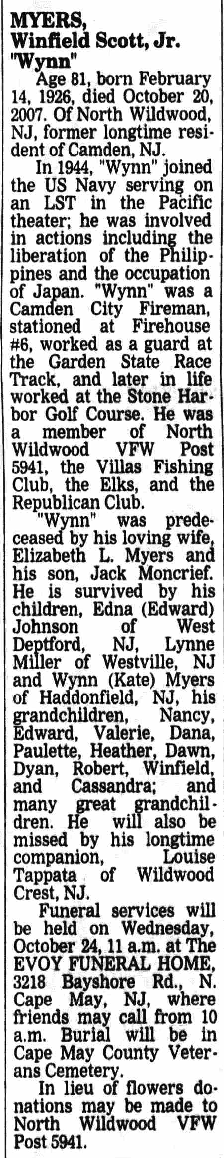 Obituary — Winfield Scott Myers Jr. — Camden Courier-Post, October 22, 2007