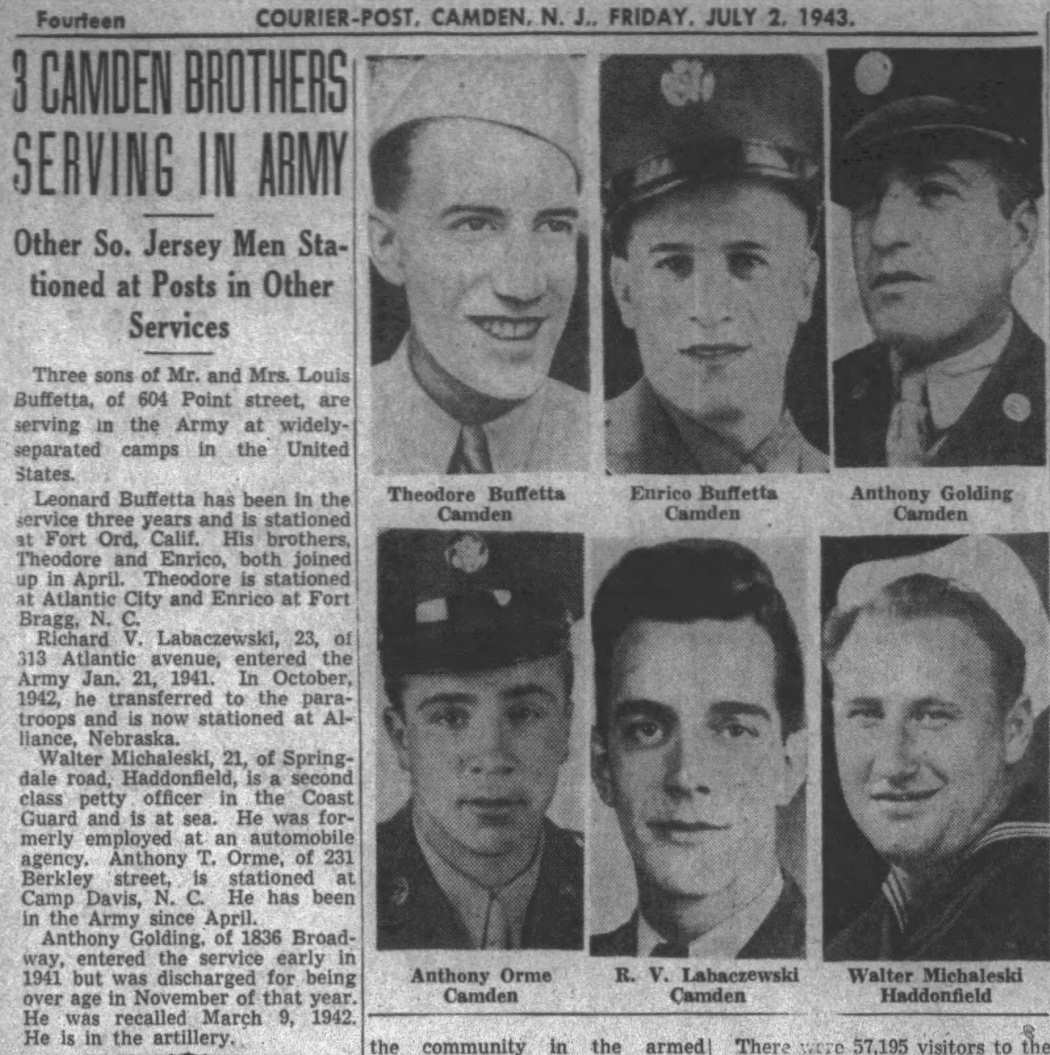 3 Camden Brothers Serving in Army — newspaper clipping July 2, 1943