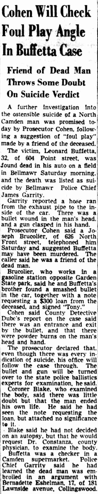 Cohen Will Check Foul Play Angle In Buffetta Case — newspaper article August 27, 1951
