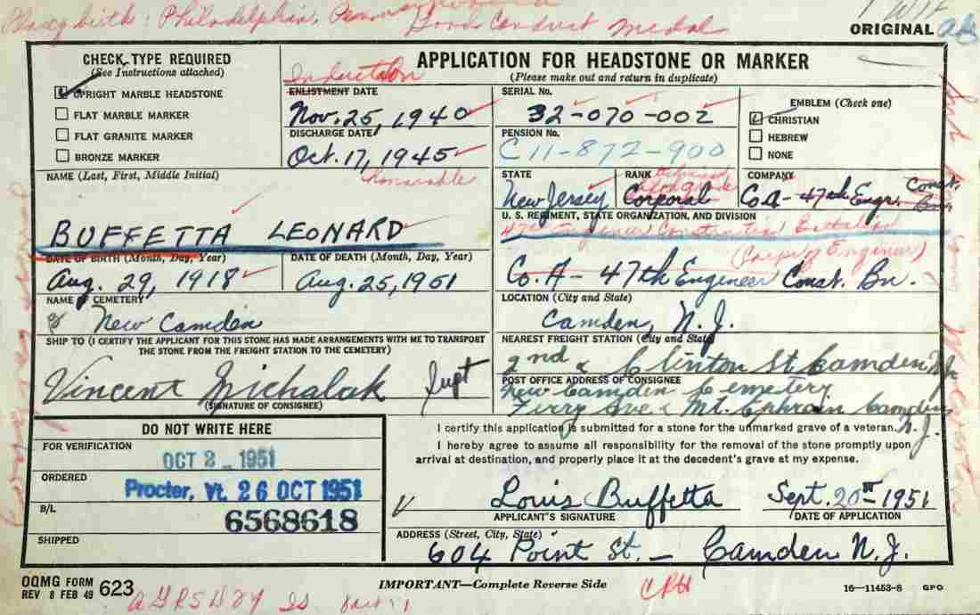 Leonard Buffetta military service form