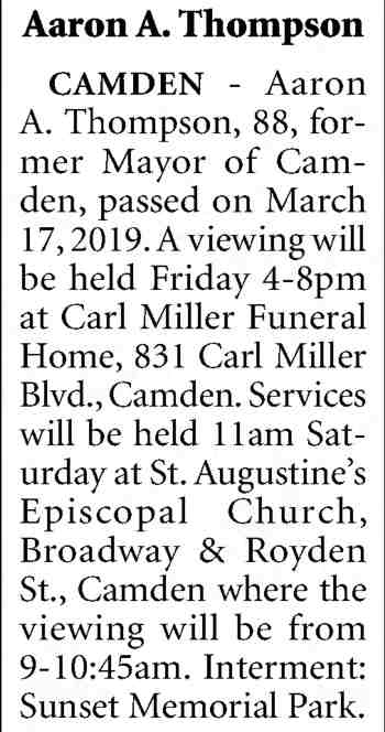 Obituary notice for Aaron A. Thompson
