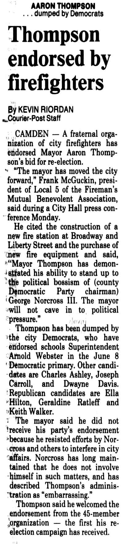 Newspaper article: Thompson endorsed by firefighters