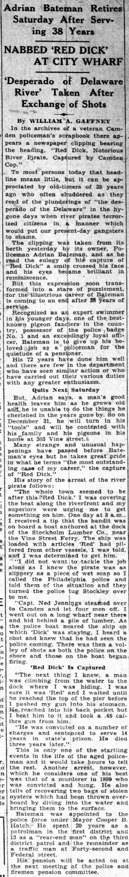 Camden Courier-Post article on police retirement, December 27, 1932