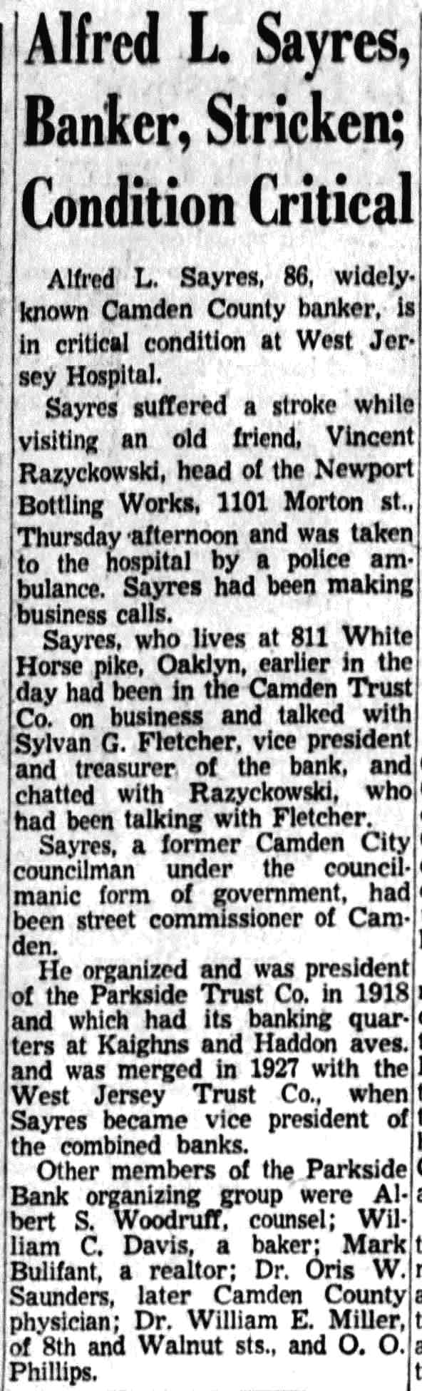 Camden Courier-Post article about Alfred L. Sayers, September 16, 1955