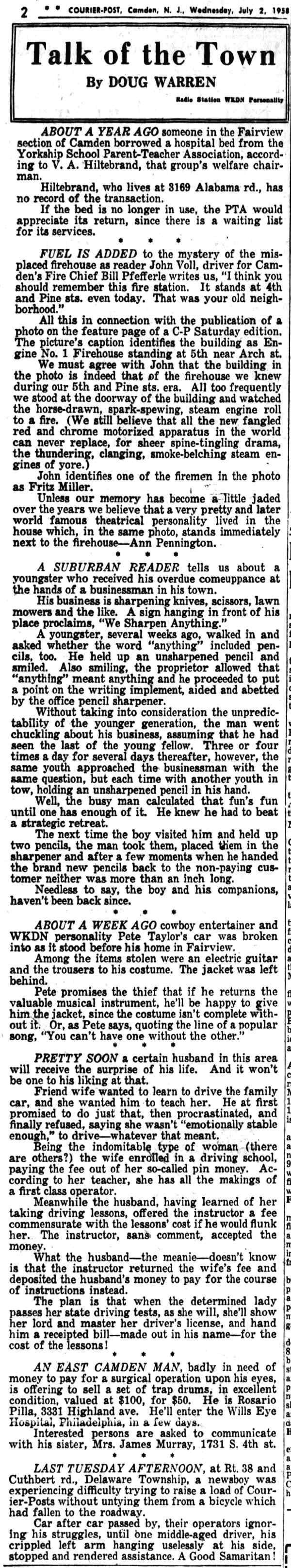 Talk of the Town by Doug Warren — Engine Company 1 firehouse mystery, Camden Courier-Post, July 2, 1958