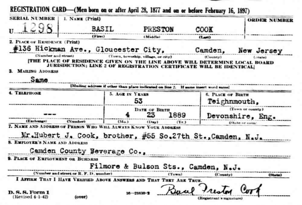 Basil Cook World War II draft registration card