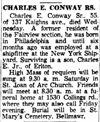 Obituary of Charles E. Conway Sr., Camden Courier-Post, June 25, 1959