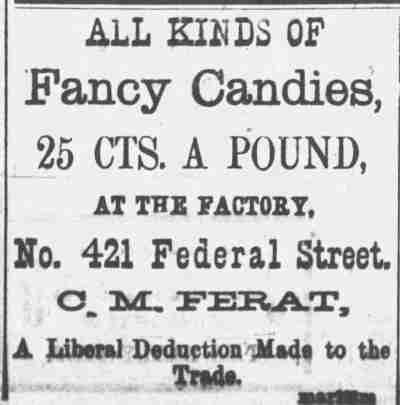 Camden Daily Post, July 10, 1879 — C. M. Ferat candy advertisement
