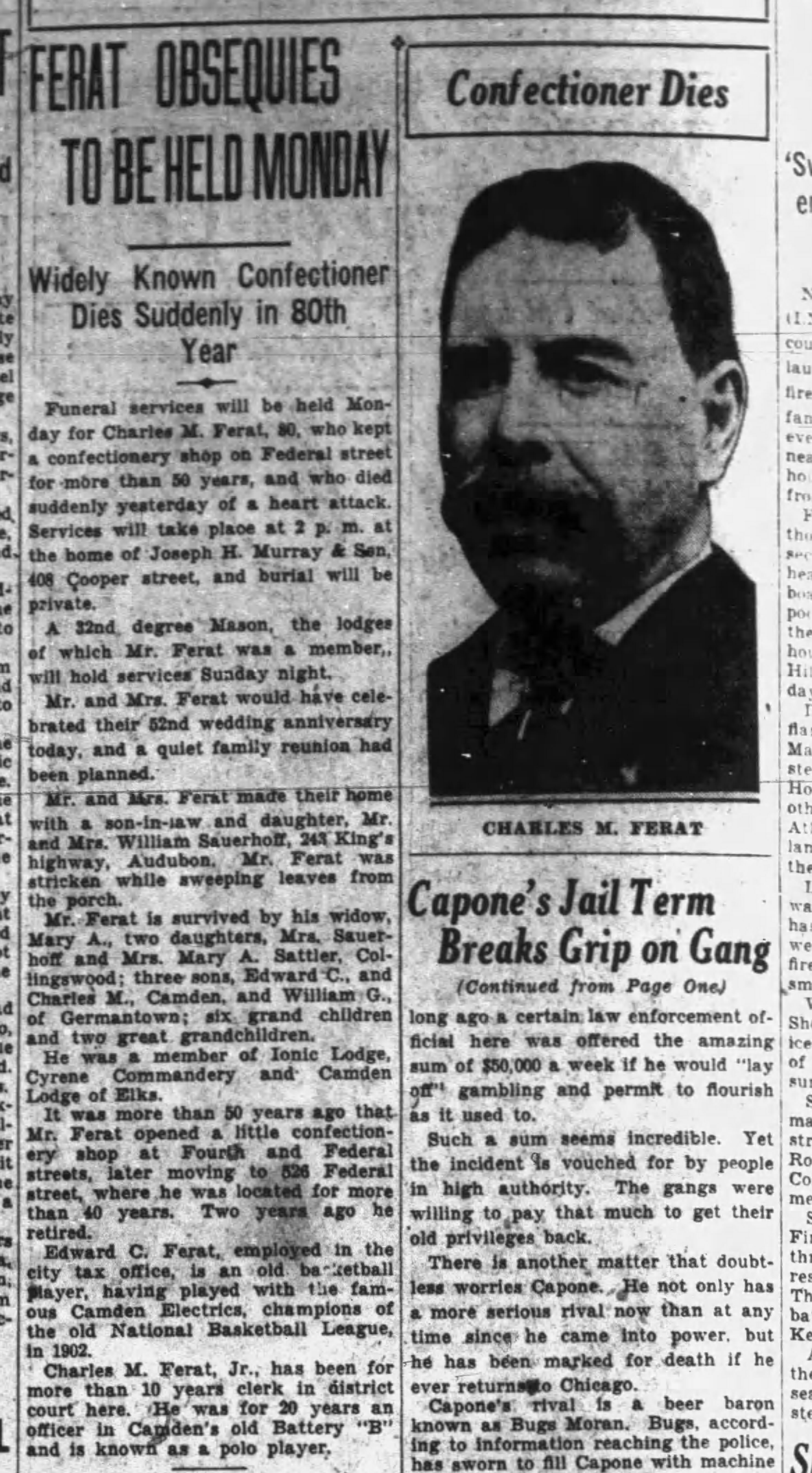 Camden Courier-Post, November 29, 1929 — Ferat Obsequies to Be Held Monday