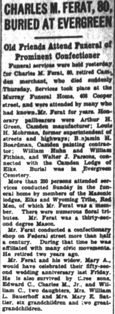 Camden Courier-Post, December 3, 1929 — Charles M. Ferat, 80, Buried at Evergreen