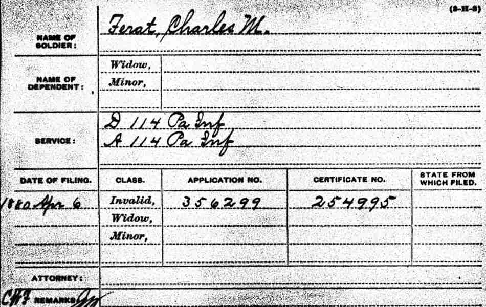 Civil War pension record for Charles Michael Ferat